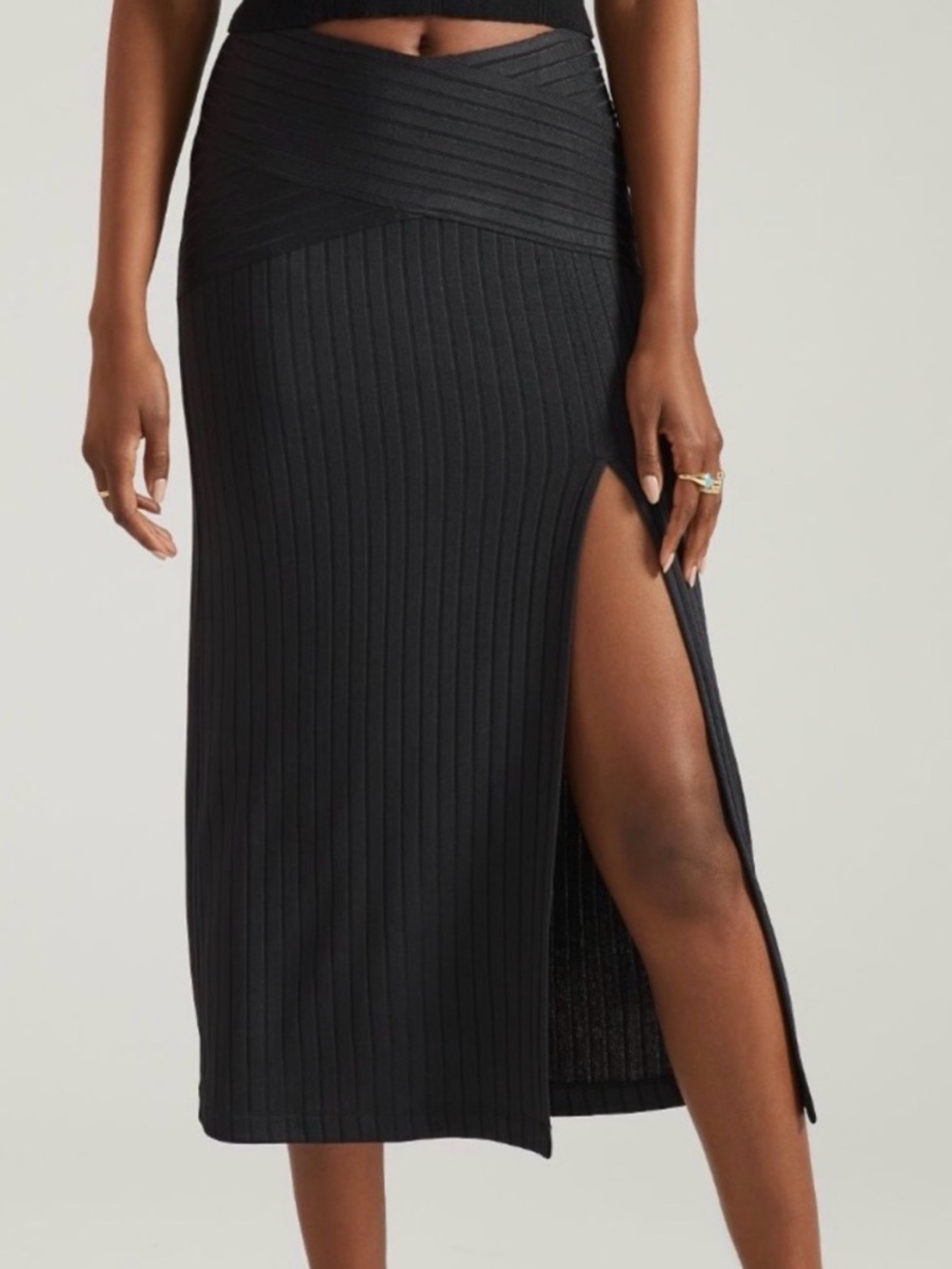 Anthropologie Wide-Rib Knit Midi Skirt Side Slit Black New Medium